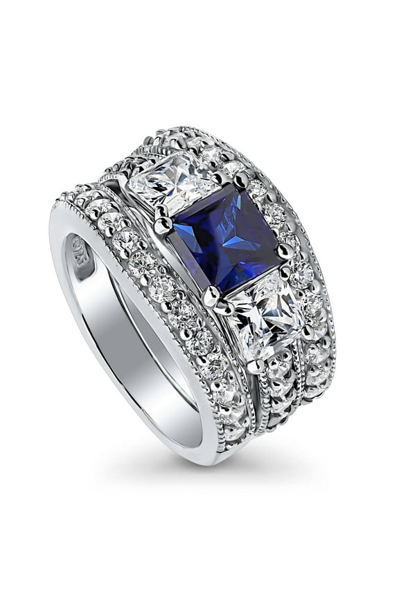 Sterling Silver 3-Stone Wedding Engagement Rings 1.6 Carat Simulated Blue Sapphire Princess Cut Cubic Zirconia CZ Ring Set for Women, Rhodium Plated Size 4.5
