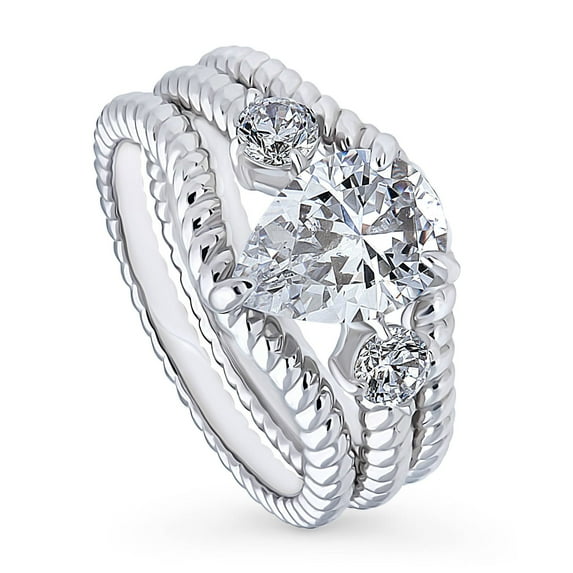 BERRICLE Sterling Silver 3-Stone Wedding Engagement Rings 1.8 Carat Pear Cut Cubic Zirconia CZ Woven Ring Set for Women, Rhodium Plated Size 8