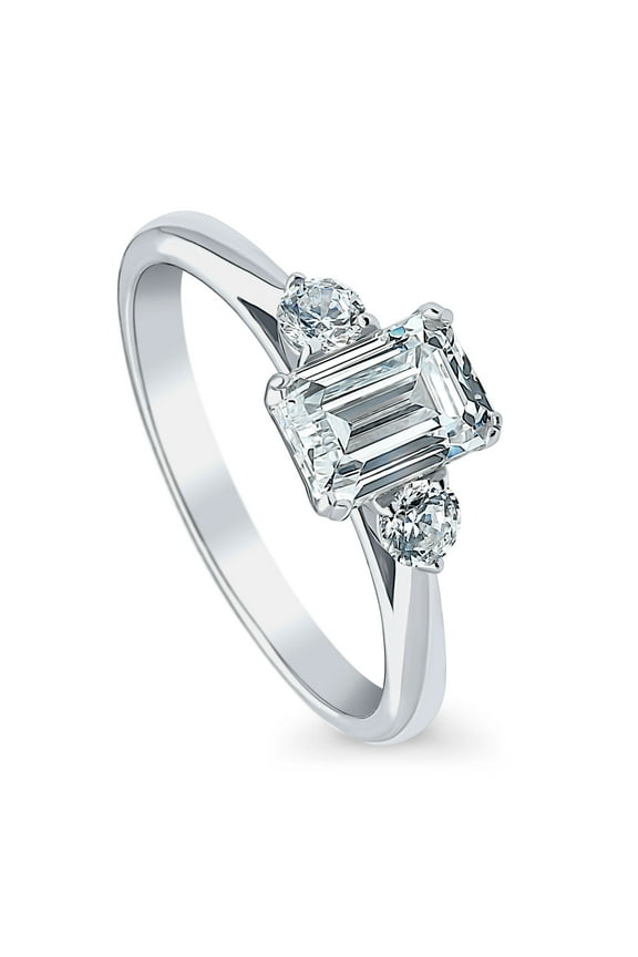 Sterling Silver 3-Stone Wedding Engagement Rings 1 Carat Emerald Cut Cubic Zirconia CZ Anniversary Promise Ring for Women, Rhodium Plated Size 7