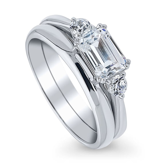 BERRICLE Sterling Silver 3-Stone Wedding Engagement Rings 1 Carat Emerald Cut Cubic Zirconia CZ East-West Ring Set for Women, Rhodium Plated Size 4.5