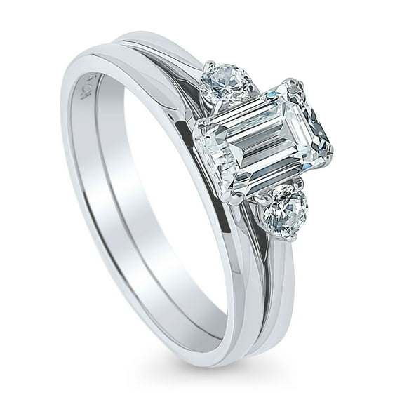 BERRICLE Sterling Silver 3-Stone Wedding Engagement Rings 1 Carat Emerald Cut Cubic Zirconia CZ Ring Set for Women, Rhodium Plated Size 8