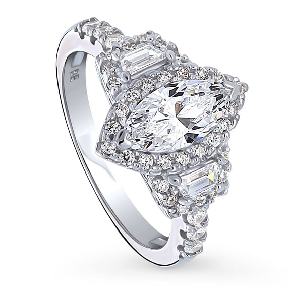 BERRICLE Sterling Silver 3-Stone Wedding Engagement Rings 1 Carat Marquise Cut Cubic Zirconia CZ Halo Ring for Women, Rhodium Plated Size 4