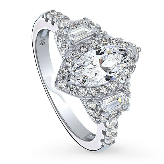 BERRICLE Sterling Silver 3-Stone Wedding Engagement Rings 1 Carat Marquise Cut Cubic Zirconia CZ Halo Ring for Women, Rhodium Plated Size 6.5