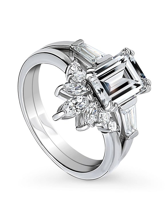 Sterling Silver 3-Stone Wedding Engagement Rings 2.1 Carat Emerald Cut Cubic Zirconia CZ Flower Ring Set for Women, Rhodium Plated Size 9.5