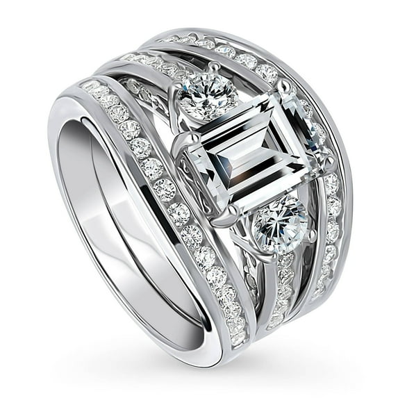 BERRICLE Sterling Silver 3-Stone Wedding Engagement Rings 2.1 Carat Emerald Cut Cubic Zirconia CZ Ring Set for Women, Rhodium Plated Size 6