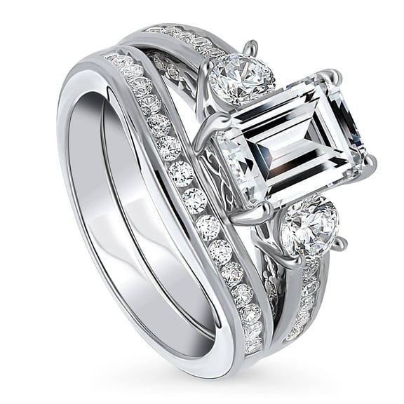 BERRICLE Sterling Silver 3-Stone Wedding Engagement Rings 2.1 Carat Emerald Cut Cubic Zirconia CZ Ring Set for Women, Rhodium Plated Size 9