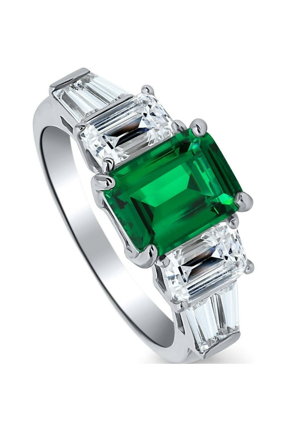 Sterling Silver 3-Stone Wedding Engagement Rings 2.1 Carat Simulated Emerald Emerald Cut Cubic Zirconia CZ Cocktail Anniversary Ring for Women, Rhodium Plated Size 8