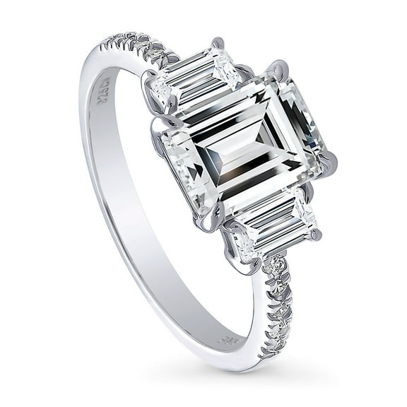 BERRICLE Sterling Silver 3-Stone Wedding Engagement Rings 2.1 Carat Step Emerald Cut Cubic Zirconia CZ Promise Ring for Women, Rhodium Plated Size 10
