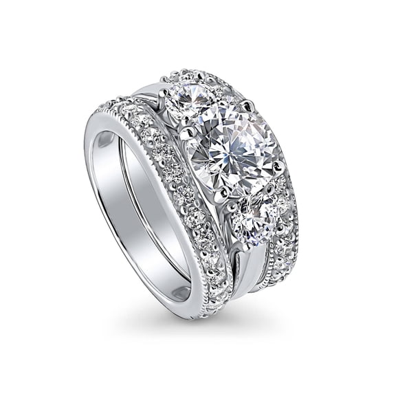 BERRICLE Sterling Silver 3-Stone Wedding Engagement Rings 2.4 Carat Round Cut Cubic Zirconia CZ Ring Set for Women, Rhodium Plated Size 9