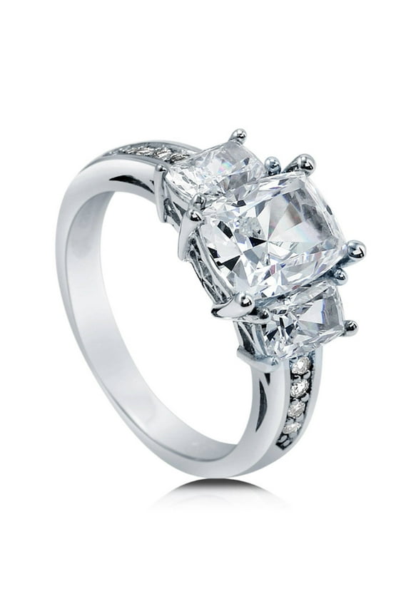 Sterling Silver 3-Stone Wedding Engagement Rings 2.6 Carat Cushion Cut Cubic Zirconia CZ Ring for Women, Rhodium Plated Size 10