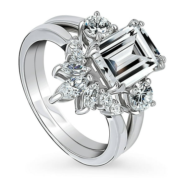 BERRICLE Sterling Silver 3-Stone Wedding Engagement Rings 2.6 Carat Emerald Cut Cubic Zirconia CZ Flower Ring Set for Women, Rhodium Plated Size 4.5