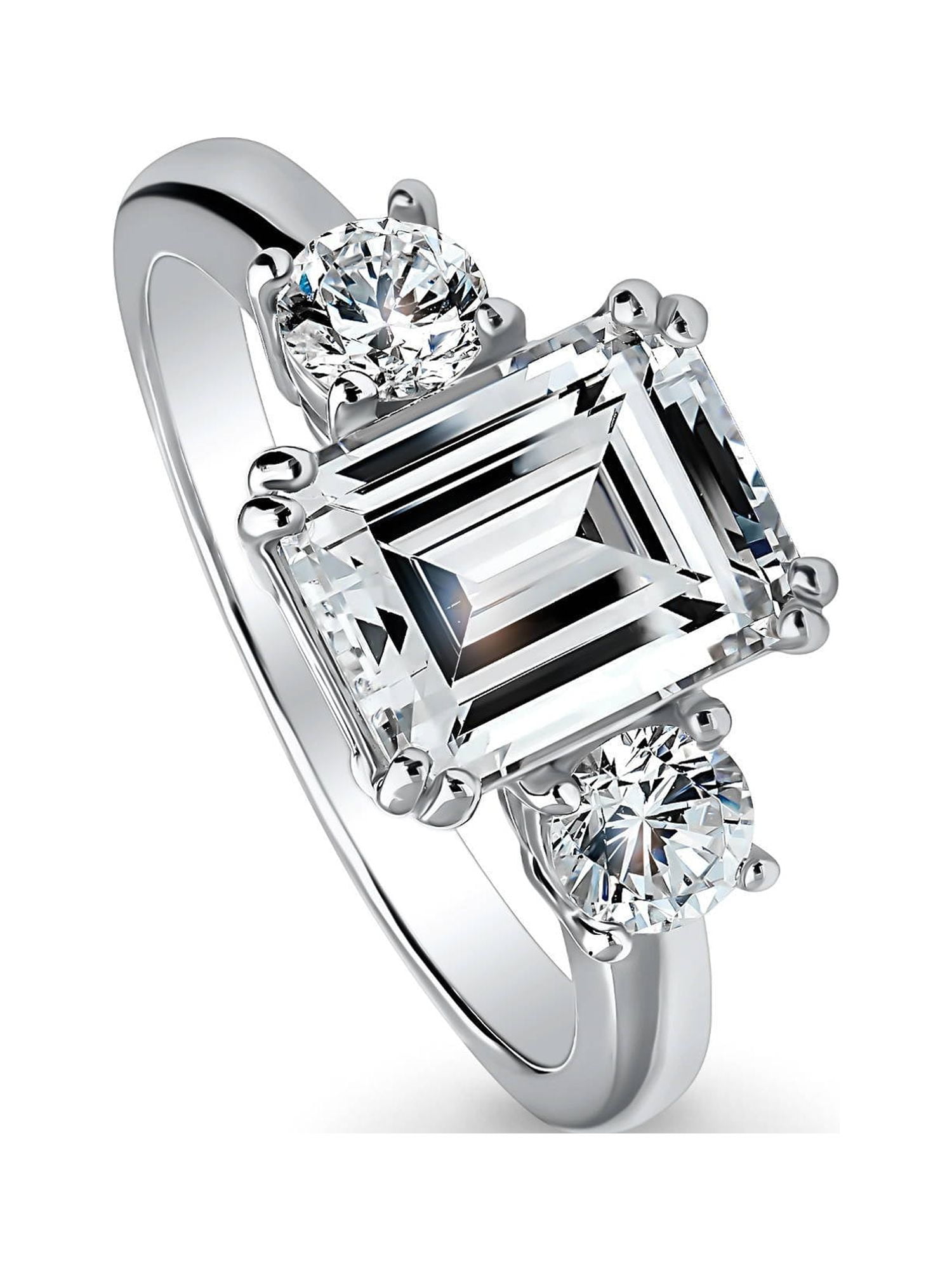 BERRICLE Sterling Silver 3-Stone Wedding Engagement Rings 2.6 Carat Emerald Cut Cubic Zirconia CZ Promise Ring for Women, Rhodium Plated Size 8.5