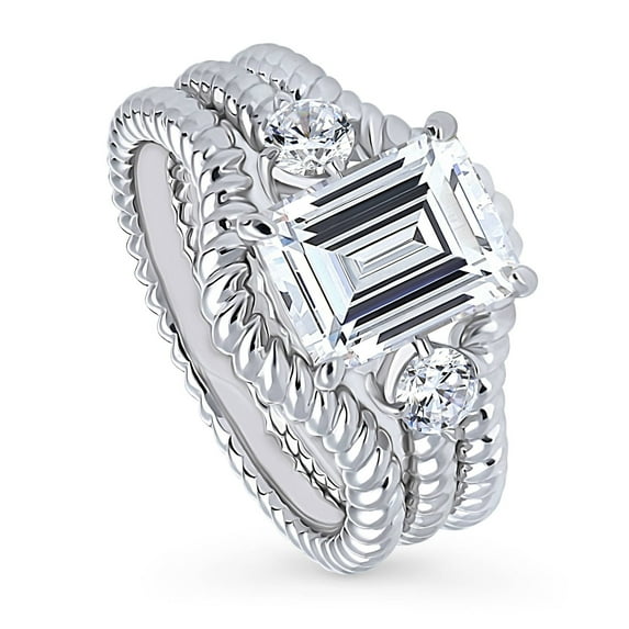 BERRICLE Sterling Silver 3-Stone Wedding Engagement Rings 2.6 Carat Emerald Cut Cubic Zirconia CZ Woven Ring Set for Women, Rhodium Plated Size 5
