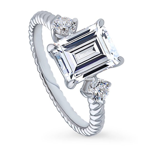 BERRICLE Sterling Silver 3-Stone Woven Wedding Engagement Rings for Women, 2.6 Carat Emerald Cut Cubic Zirconia CZ Ring Size 4