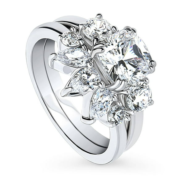 BERRICLE Sterling Silver 3-Stone Wedding Engagement Rings 2 Carat Cushion Cut Cubic Zirconia CZ 5-Stone Ring Set for Women, Rhodium Plated Size 10