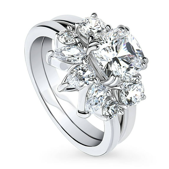 BERRICLE Sterling Silver 3-Stone Wedding Engagement Rings 2 Carat Cushion Cut Cubic Zirconia CZ 5-Stone Ring Set for Women, Rhodium Plated Size 5