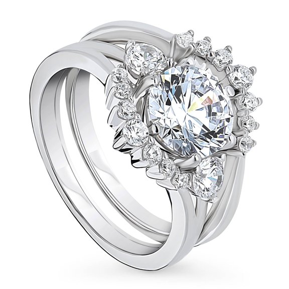 BERRICLE Sterling Silver 3-Stone Wedding Engagement Rings 2 Carat Round Cut Cubic Zirconia CZ Wishbone Ring Set for Women, Rhodium Plated Size 10