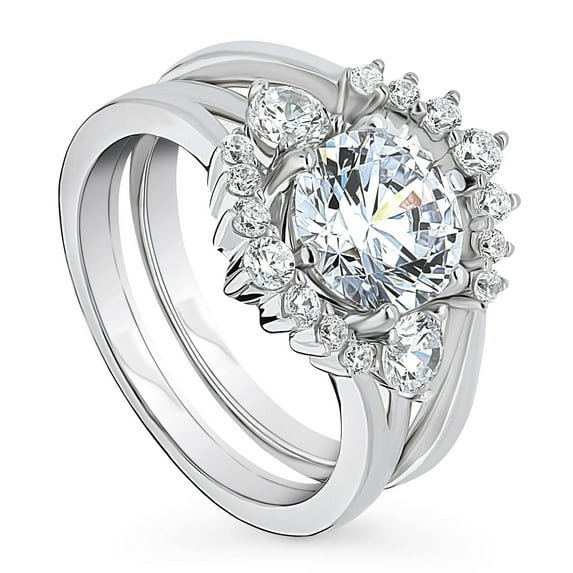 BERRICLE Sterling Silver 3-Stone Wedding Engagement Rings 2 Carat Round Cut Cubic Zirconia CZ Wishbone Ring Set for Women, Rhodium Plated Size 7.5