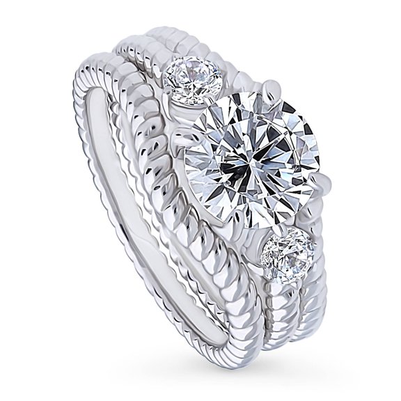 BERRICLE Sterling Silver 3-Stone Wedding Engagement Rings 2 Carat Round Cut Cubic Zirconia CZ Woven Ring Set for Women, Rhodium Plated Size 4