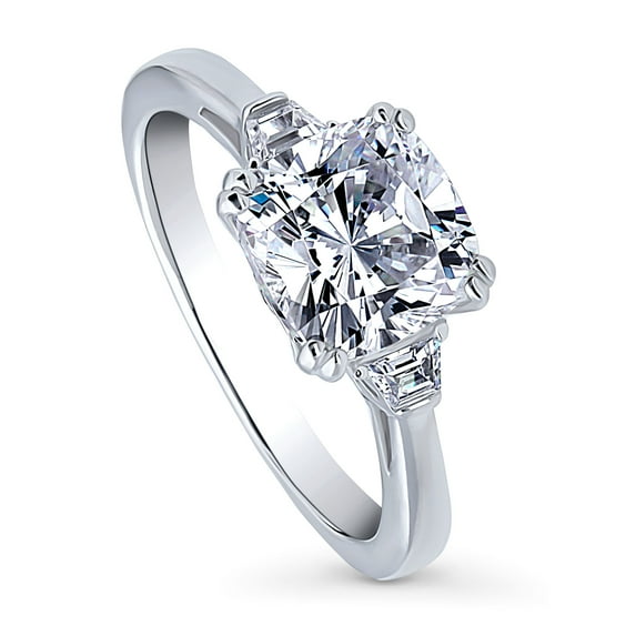 BERRICLE Sterling Silver 3-Stone Wedding Engagement Rings 3 Carat Cushion Cut Cubic Zirconia CZ Ring for Women, Rhodium Plated Size 5