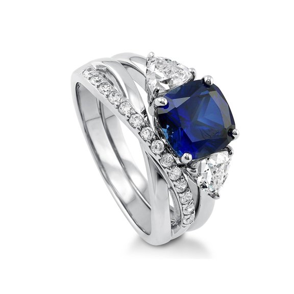 BERRICLE Sterling Silver 3-Stone Wedding Engagement Rings 3 Carat Simulated Blue Sapphire Cushion Cut Cubic Zirconia CZ Infinity Ring Set for Women, Rhodium Plated Size 6.5