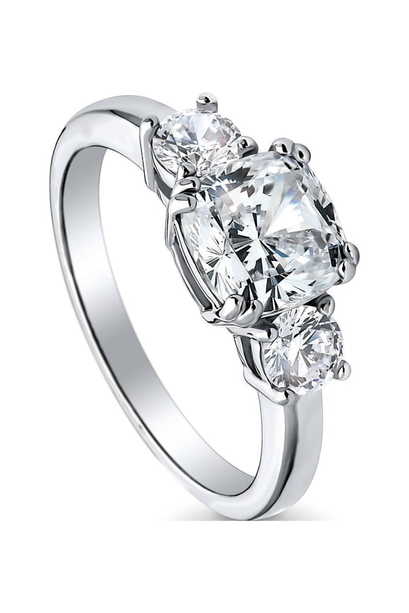 Sterling Silver 3-Stone Wedding Engagement Rings 2 Carat Cushion Cut Cubic Zirconia CZ Promise Ring for Women, Rhodium Plated Size 10