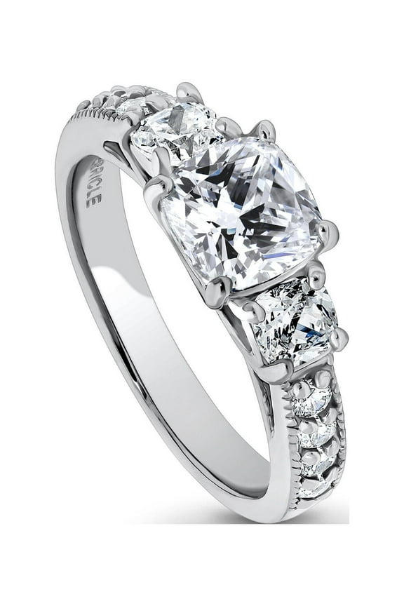Sterling Silver 3-Stone Wedding Engagement Rings 1.5 Carat Cushion Cut Cubic Zirconia CZ Promise Ring for Women, Rhodium Plated Size 10