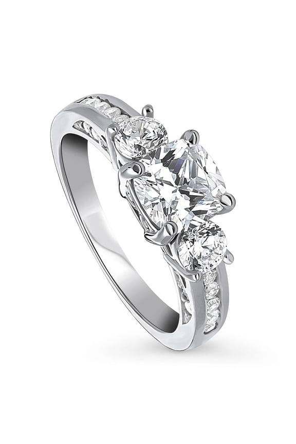 Sterling Silver 3-Stone Wedding Engagement Rings 1.5 Carat Cushion Cut Cubic Zirconia CZ Promise Ring for Women, Rhodium Plated Size 4.5