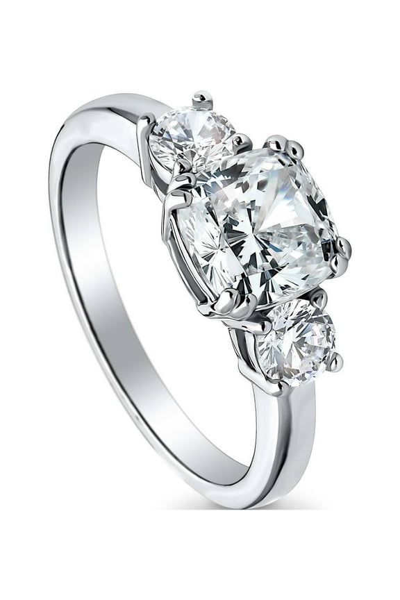 Sterling Silver 3-Stone Wedding Engagement Rings Cushion Cut Cubic Zirconia CZ Promise Ring for Women, Rhodium Plated Size 6.5