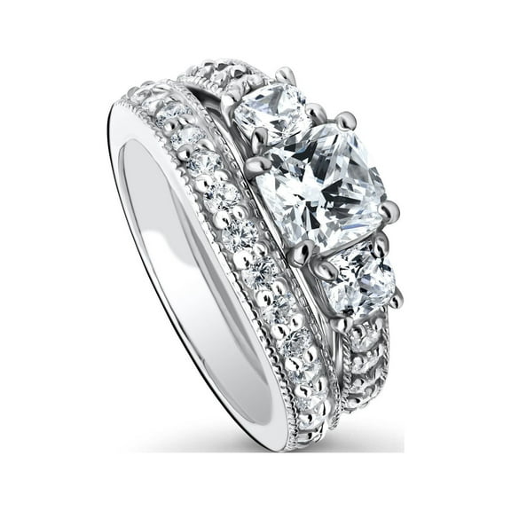 BERRICLE Sterling Silver 3-Stone Wedding Engagement Rings 1.5 Carat Cushion Cut Cubic Zirconia CZ Ring Set for Women, Rhodium Plated Size 5.5