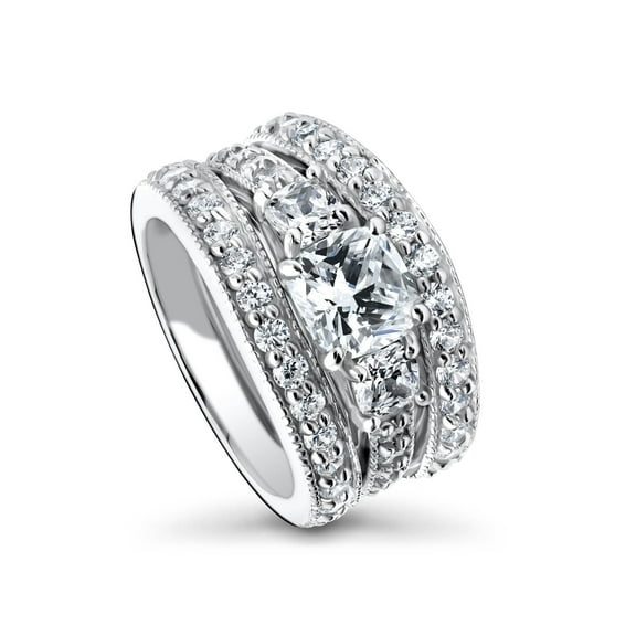BERRICLE Sterling Silver 3-Stone Wedding Engagement Rings 1.5 Carat Cushion Cut Cubic Zirconia CZ Ring Set for Women, Rhodium Plated Size 7.5