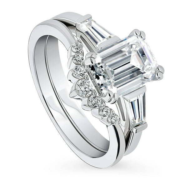 BERRICLE Sterling Silver 3-Stone Wedding Engagement Rings 2.1 Carat Emerald Cut Cubic Zirconia CZ Wishbone Ring Set for Women, Rhodium Plated Size 9