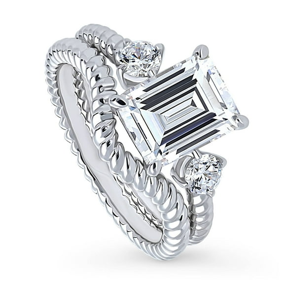 BERRICLE Sterling Silver 3-Stone Wedding Engagement Rings 2.6 Carat Emerald Cut Cubic Zirconia CZ Woven Ring Set for Women, Rhodium Plated Size 4