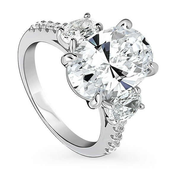 BERRICLE Sterling Silver 3-Stone Wedding Engagement Rings 5.5 Carat Oval Cut Cubic Zirconia CZ Statement Cocktail Anniversary Ring for Women, Rhodium Plated Size 10