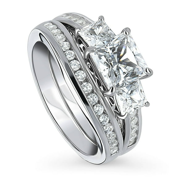 BERRICLE Sterling Silver 3-Stone Wedding Engagement Rings 1.6 Carat Princess Cut Cubic Zirconia CZ Ring Set for Women, Rhodium Plated Size 7