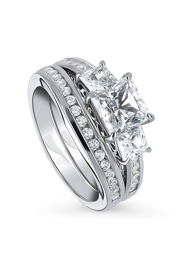 Sterling Silver 3-Stone Wedding Engagement Rings 1.6 Carat Princess Cut Cubic Zirconia CZ Ring Set for Women, Rhodium Plated Size 7