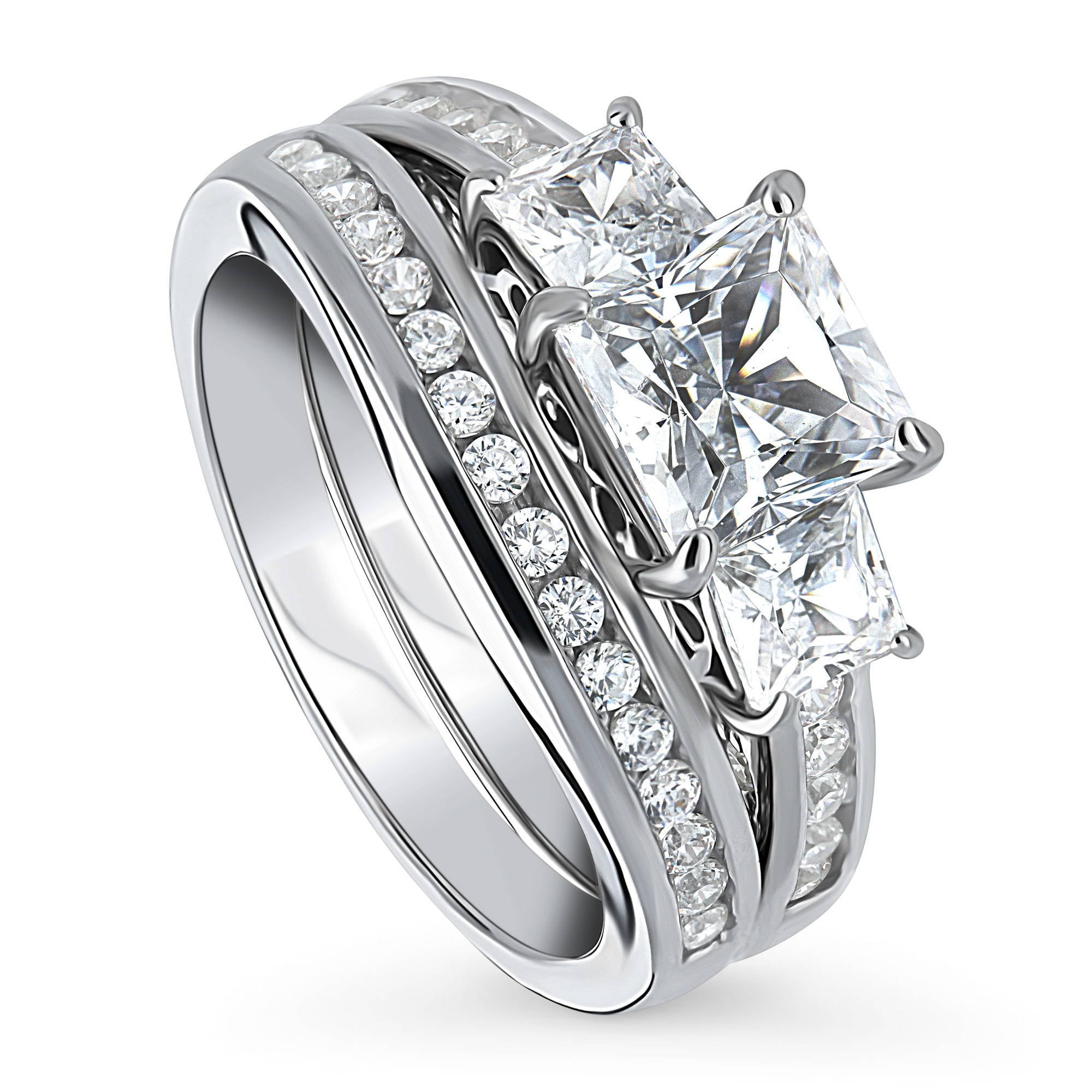 BERRICLE Sterling Silver 3-Stone Wedding Engagement Rings 1.6 Carat Princess Cut Cubic Zirconia CZ Ring Set for Women, Rhodium Plated Size 8