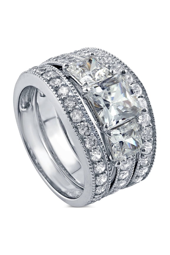 Sterling Silver 3-Stone Wedding Engagement Rings 1.6 Carat Princess Cut Cubic Zirconia CZ Ring Set for Women, Rhodium Plated Size 9.5