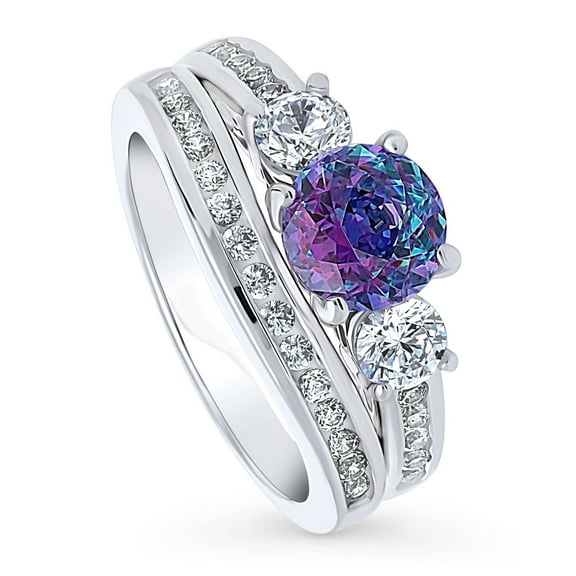BERRICLE Sterling Silver 3-Stone Wedding Engagement Rings 1.25 Carat Purple Aqua Round Cut Cubic Zirconia CZ Kaleidoscope Ring Set for Women, Rhodium Plated Size 4