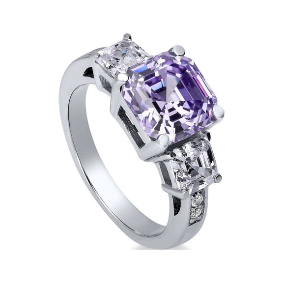 BERRICLE Sterling Silver 3-Stone Wedding Engagement Rings 4.1 Carat Purple Asscher Cut Cubic Zirconia CZ Statement Cocktail Anniversary Ring for Women, Rhodium Plated Size 6