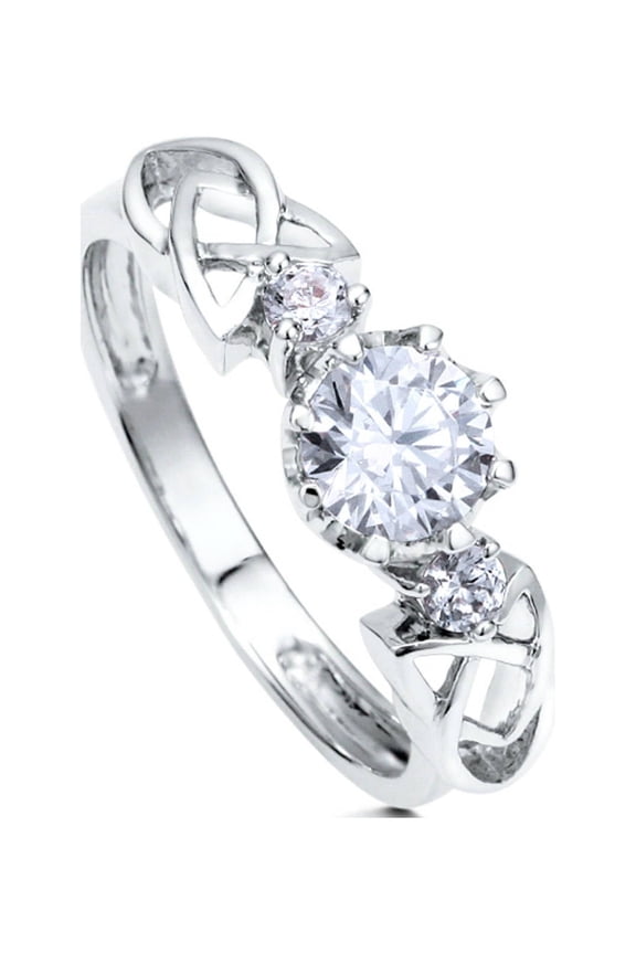 Sterling Silver 3-Stone Wedding Engagement Rings 0.8 Carat Round Cut Cubic Zirconia CZ Celtic Knot Promise Ring for Women, Rhodium Plated Size 9