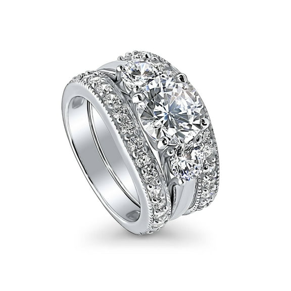 BERRICLE Sterling Silver 3-Stone Wedding Engagement Rings 2.4 Carat Round Cut Cubic Zirconia CZ Ring Set for Women, Rhodium Plated Size 10