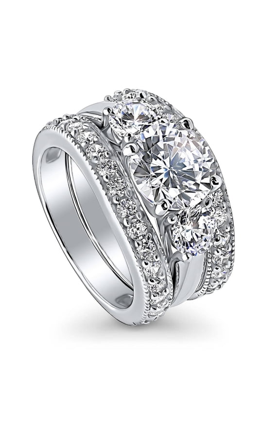 Sterling Silver 3-Stone Wedding Engagement Rings 2.4 Carat Round Cut Cubic Zirconia CZ Ring Set for Women, Rhodium Plated Size 10