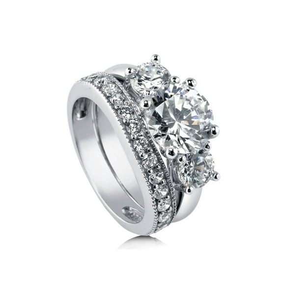 BERRICLE Sterling Silver 3-Stone Wedding Engagement Rings 2.4 Carat Round Cut Cubic Zirconia CZ Ring Set for Women, Rhodium Plated Size 10