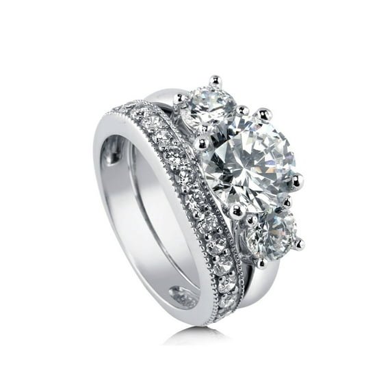 BERRICLE Sterling Silver 3-Stone Wedding Engagement Rings 2.4 Carat Round Cut Cubic Zirconia CZ Ring Set for Women, Rhodium Plated Size 10