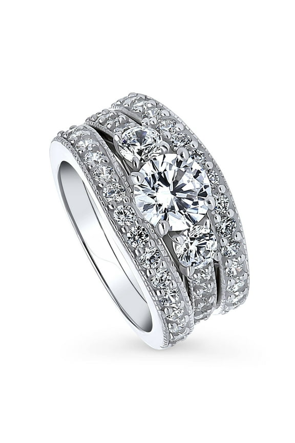 Sterling Silver 3-Stone Wedding Engagement Rings 1.25 Carat Round Cut Cubic Zirconia CZ Ring Set for Women, Rhodium Plated Size 5