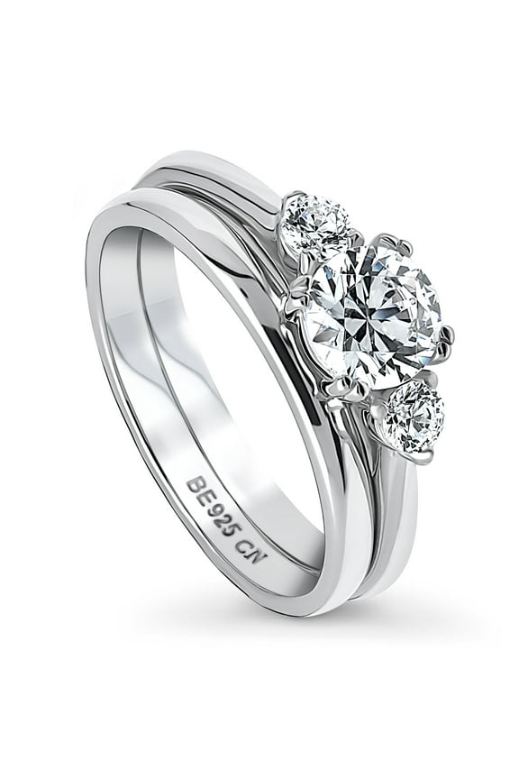 Sterling Silver 3-Stone Wedding Engagement Rings 0.8 Carat Round Cut Cubic Zirconia CZ Ring Set for Women, Rhodium Plated Size 6.5