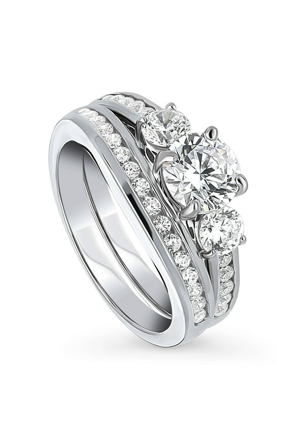 Sterling Silver 3-Stone Wedding Engagement Rings 1 Carat Round Cut Cubic Zirconia CZ Ring Set for Women, Rhodium Plated Size 7.5