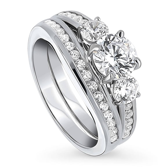 BERRICLE Sterling Silver 3-Stone Wedding Engagement Rings 1 Carat Round Cut Cubic Zirconia CZ Ring Set for Women, Rhodium Plated Size 7