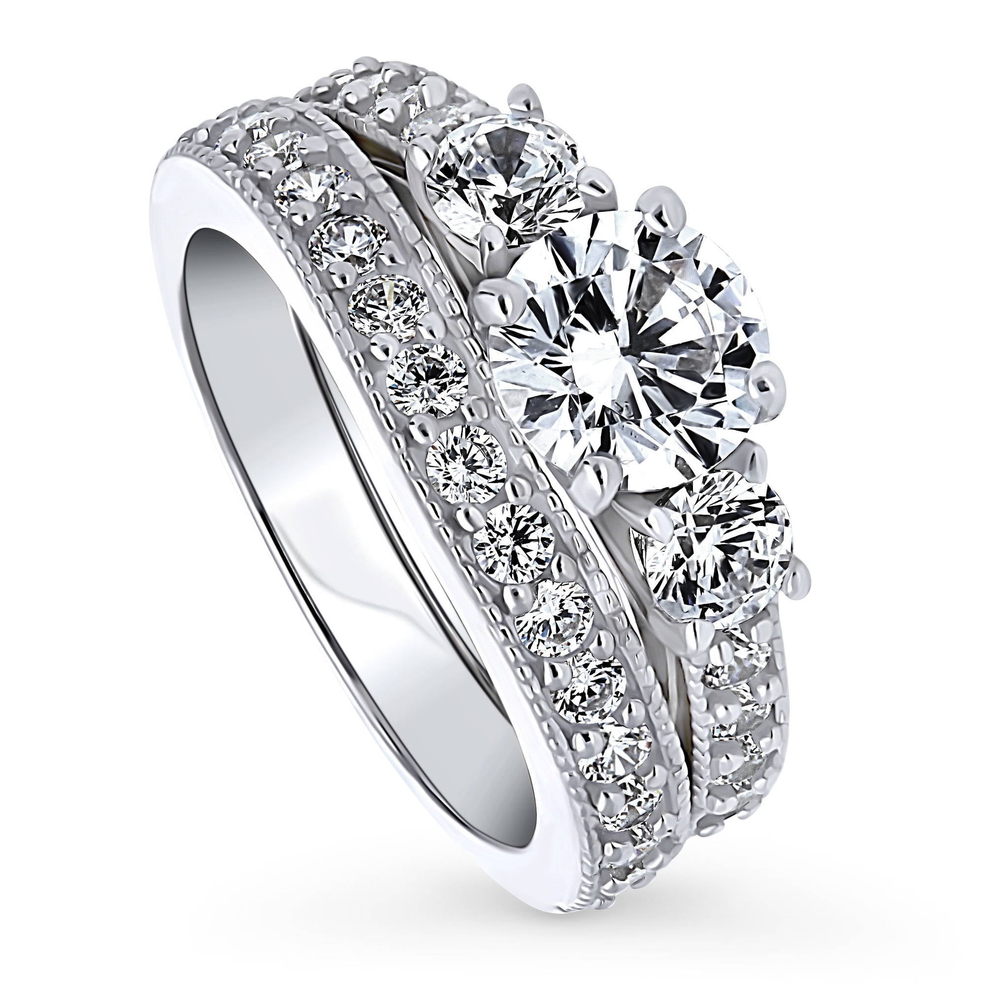 BERRICLE Sterling Silver 3-Stone Wedding Engagement Rings 1.25 Carat Round Cut Cubic Zirconia CZ Ring Set for Women, Rhodium Plated Size 8.5